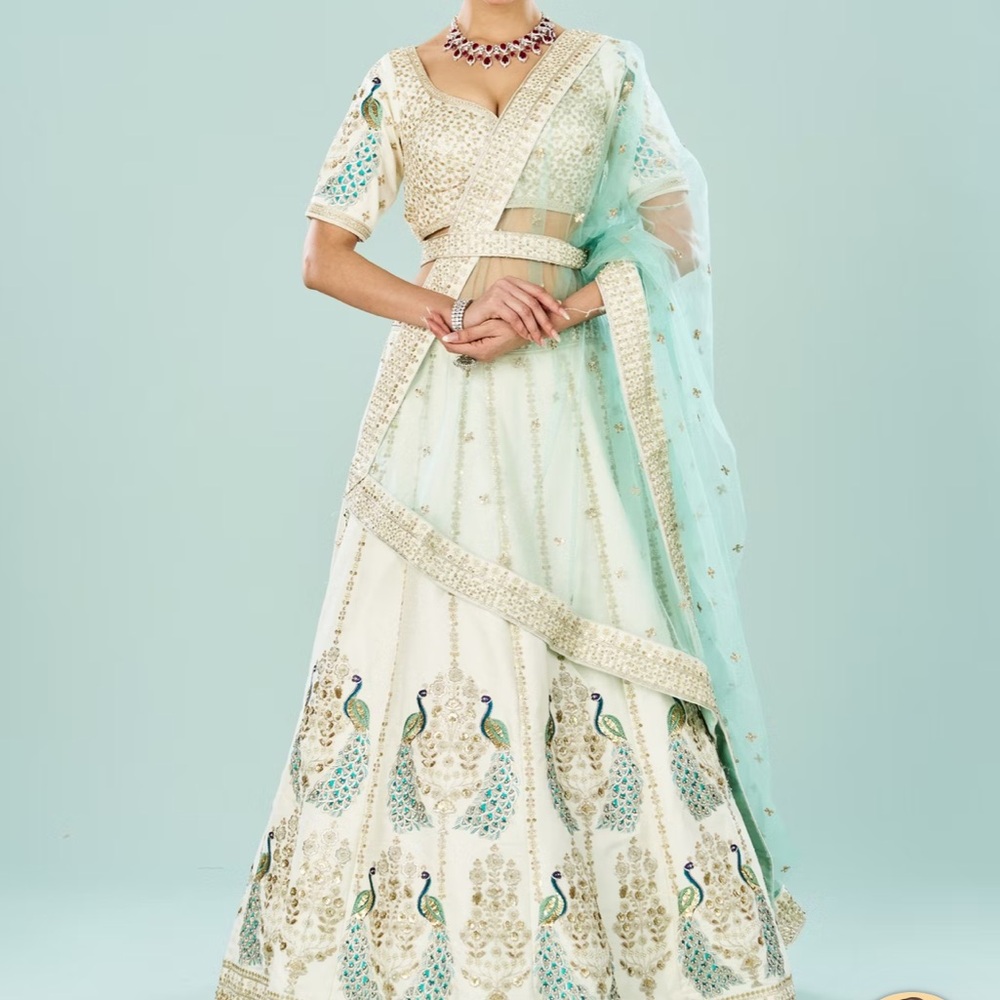 Ivory and Mint Embroidered lengha